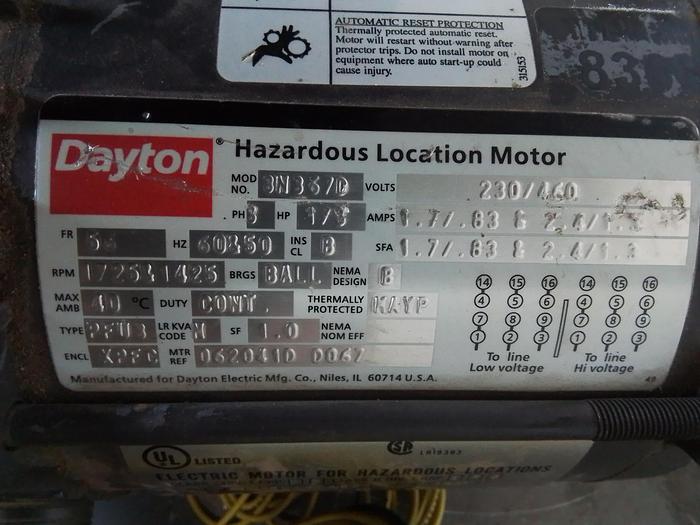 Used DAYTON ELECTRIC MOTOR, 1/3 HP; 3 PH; 1725&1425 RPMS; 3N367D !