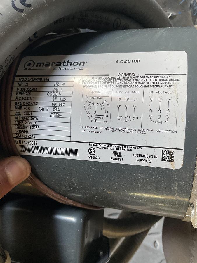 Used AMERICAN FAN CO. SC-800 INDUSTRIAL CENTRIFUGAL BLOWER WITH MARATHON MOTOR – 1/2 HP, 208–230/460V, 3-PHASE