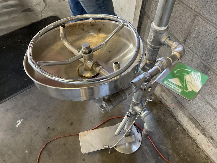 Used EMERGENCY WASH STATION EYE WASH FOUNTAIN AND DRENCH SHOWER, FLOOR MOUNT
