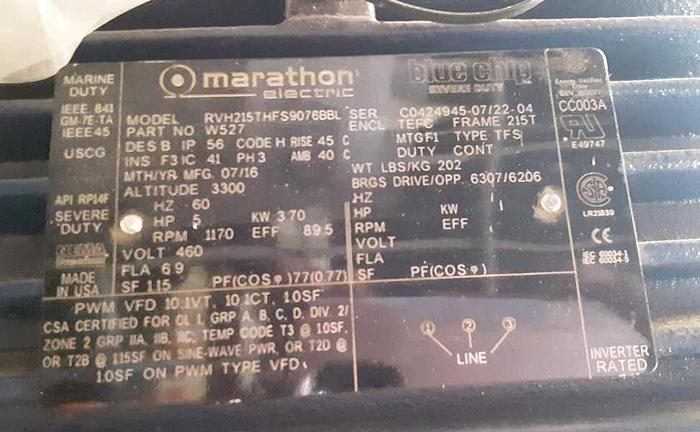Used ELECTRIC MOTOR 5 HP MARATHON SEVERE DUTY RVH215THFS9076BBL !