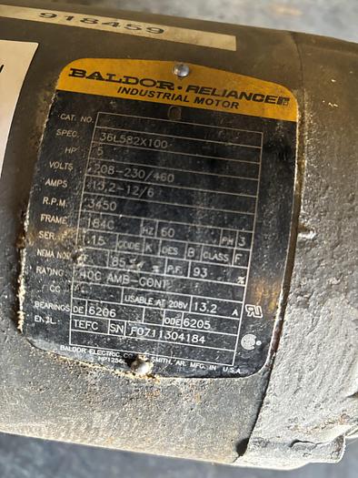 Used BALDOR WATER PUMP; 5HP, 460 VOLT, 3450 RPM, MODEL 36L582X100