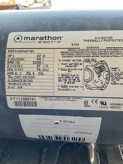 Used MOTOR 3PH MARATHON; 3 HP, 1725 RPM; 54K49WN4271BX./