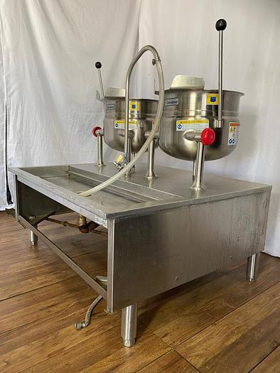 Used CLEVELAND DUAL 6 GALLON DIRECT STEAM TILTILNG KETTLE ON STAND WITH SINK  SD-1050-K6 !