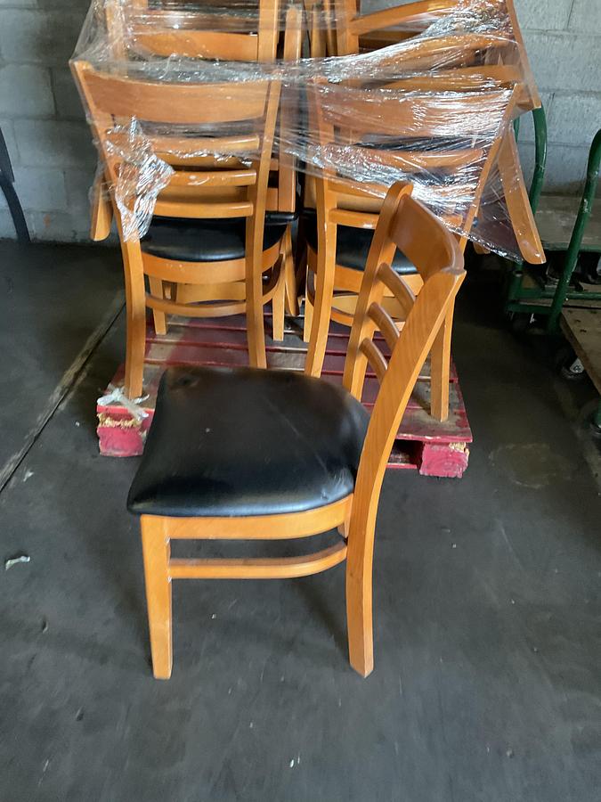 Used WOOD RESTAURANT SIDE CHAIR – BLACK VINYL SEAT