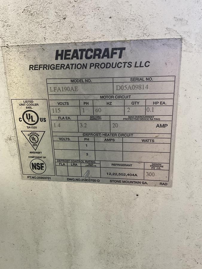 Used HEATCRAFT UNIT COOLER / EVAPORATOR LFA190AE