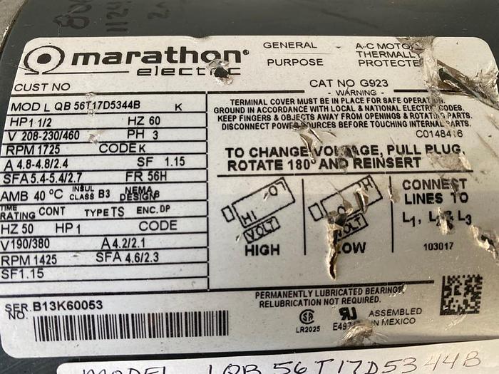 Used MOTOR 1 1/2 HP MARATHON 1725 RPM 3 PH; QB56T17D5344B !