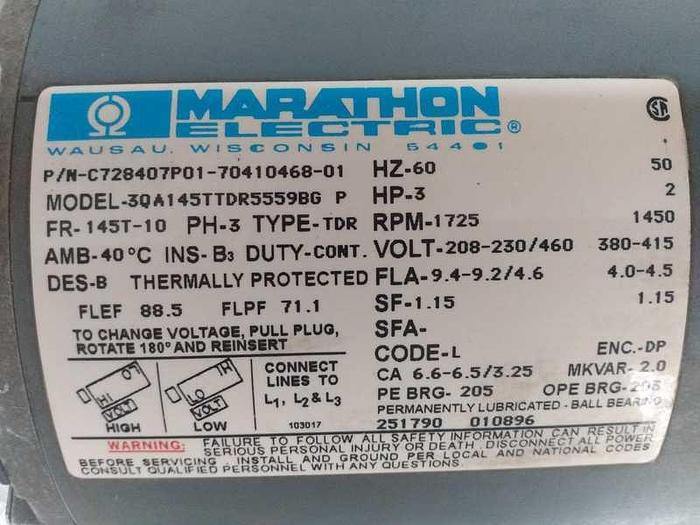 Used MOTOR 3 HP MARATHON 3QA145TTDR5559BG, 3 HP: 3HP !