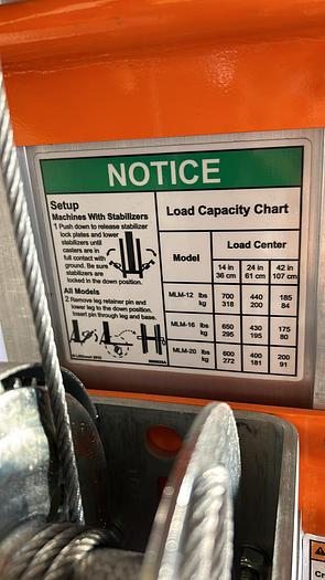 Used 600 LB CAPACITY MATERIAL LIFT; MLM20- STD BASE/FORKS !