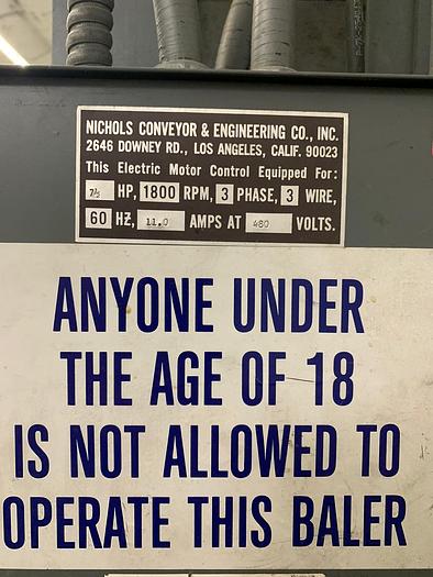 Used NICHOLS 48" BALING PRESS, MODEL EA30486H06X6,480V/3 PHASE; 71/2 HP !