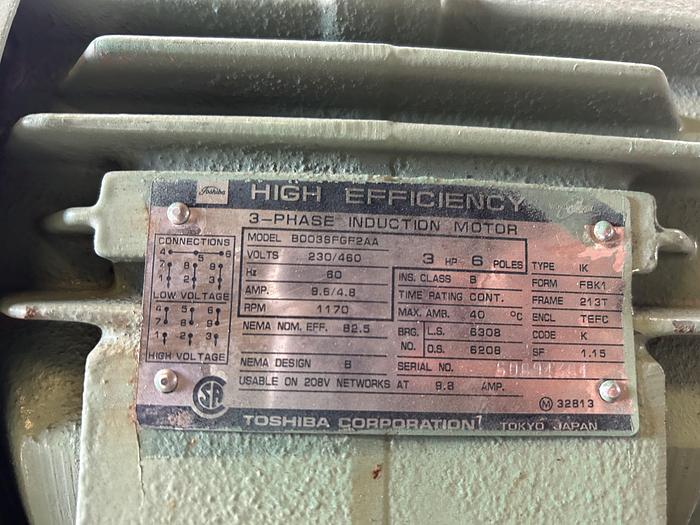 Used TOSHIBA INDUCTION MOTOR; BOO36FGF2AA;3 HP; R.P.M 1170 !