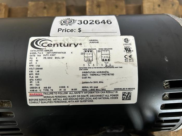 Used CENTURY, 2HP; 3PH; 230460V; RPM1725; T A K 56T17DRR70007A2A !