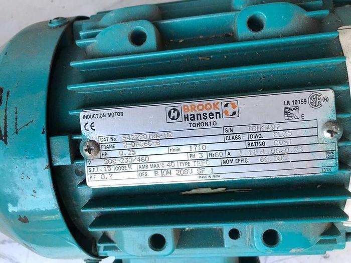 Used BROOK HASEN INDUCTION MOTOR 0.25 HP; 3 PH; 1710 RPMS; 542220WA-02 !