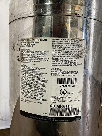 Used BADGER 2-1/2 GAL. WATER FIRE  EXTINGUISHANT \