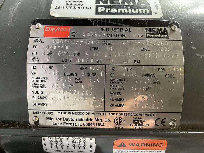 Used DAYTON INDUSTRIAL MOTOR, 2NKY6B, HP 3 !