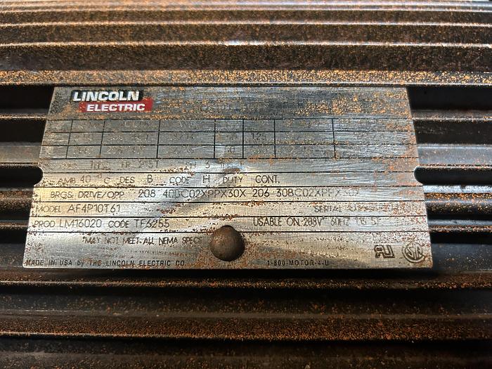 Used LINCOL N ELECTRIC; AF4P10T61; 10HP; PH 3; R.P.M 1750/1440