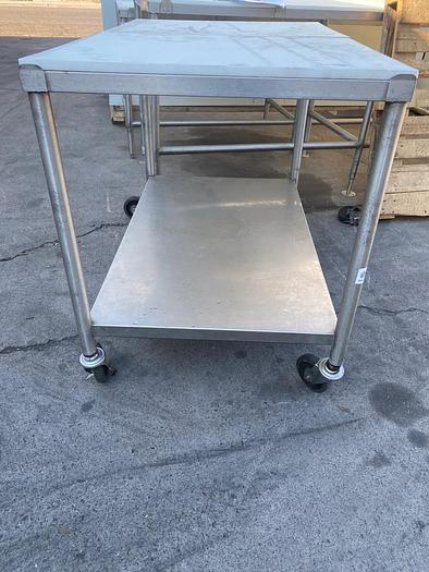 Used COMMERCIAL ROLLING STAINLESS STEEL POLY TOP CUTTING BOARD WORKTABLE WITH UNDERSHELF