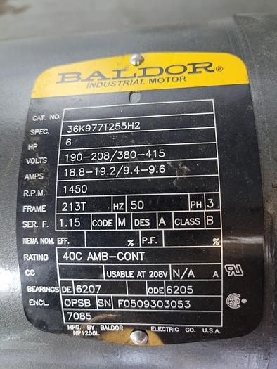 Used BALDOR MOTOR; HP 6 - 7 1/2; PH 3; RPM 1450-1760;36K977T255H2./
