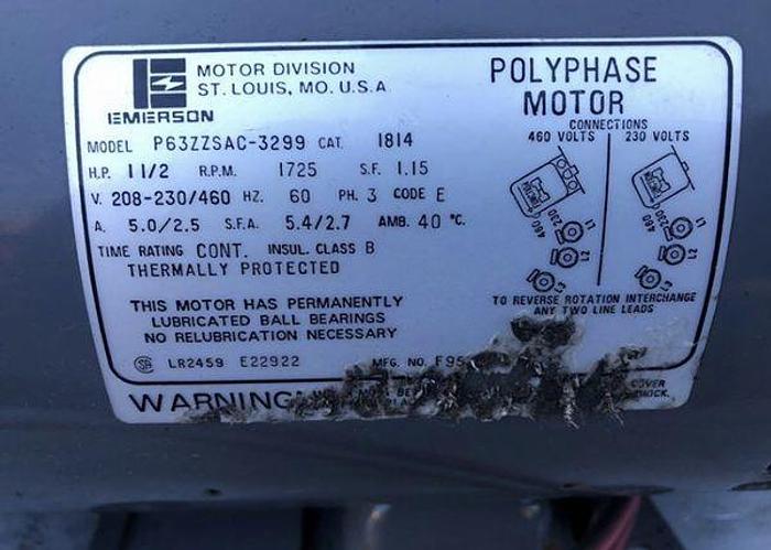 Used EMERSON ELECTRIC MOTOR 1 1/2 (1.5) HP; 3 PH; 1725 RPMS; P63ZZSAC3299 !