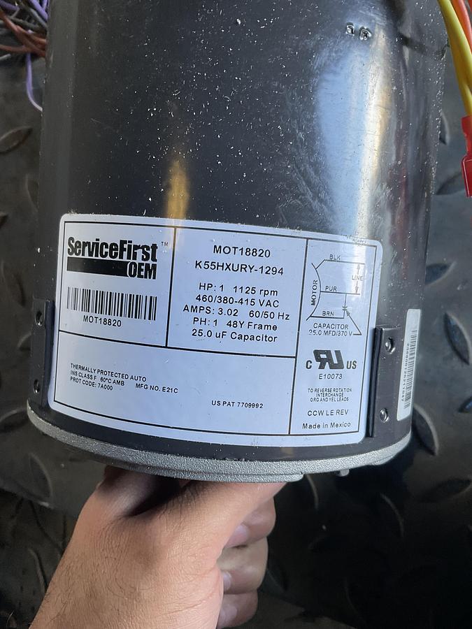 Used SERVICEFIRST OEM COMMERCIAL ELECTRIC MOTOR – 1 HP – 460/380-415 VAC – 1125 RPM – 48Y FRAME