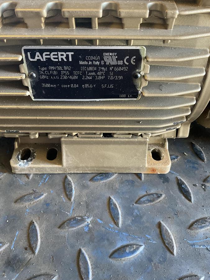 Used DEKKER DV0035B-MA3 ROTARY VANE VACUUM PUMP WITH 3 HP LAFERT MOTOR – 230/460V, 3-PHASE