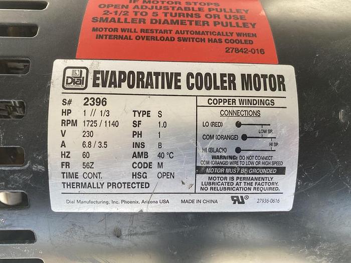 Used EVAPORATIVE COOLER MOTOR 1 OR 1/3 HP; 1PH; 1725/1140 RPM; 2396 !