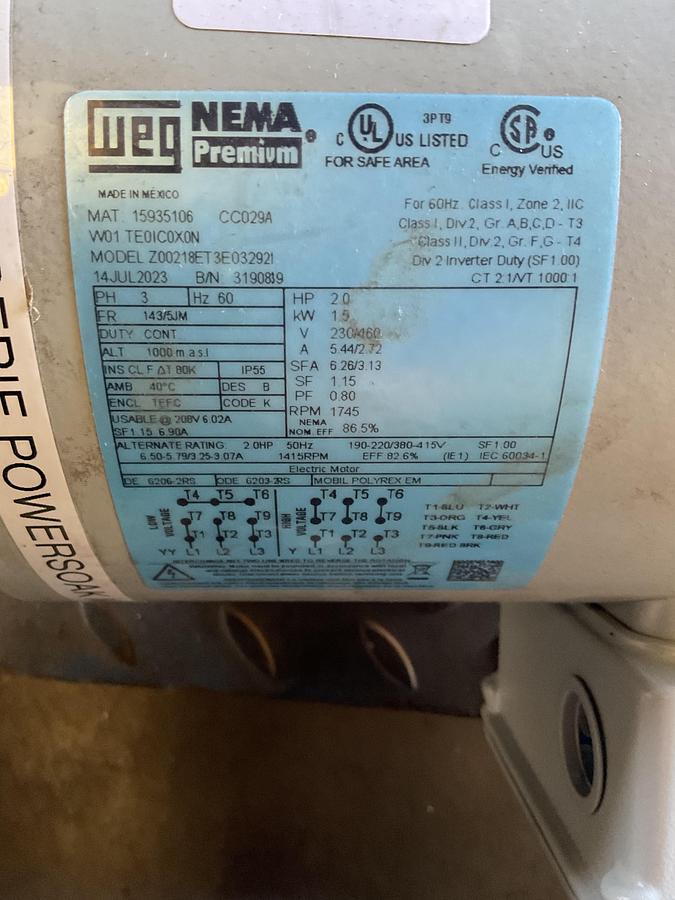 Used WEG NEMA PREMIUM 2 HP ELECTRIC MOTOR – 3 PHASE, 230/460V, TEFC, IP55