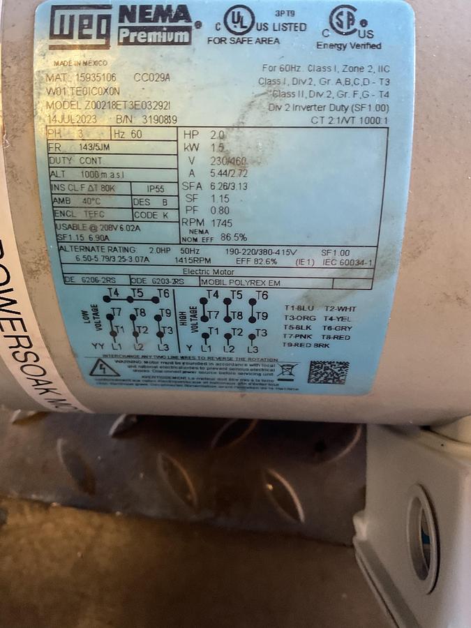 Used WEG NEMA PREMIUM 2 HP ELECTRIC MOTOR – 3 PHASE, 230/460V, TEFC, IP55