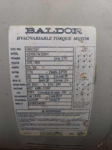 Used BALDOR ELECTRIC MOTOR 75 HP BALDOR HM9258T !