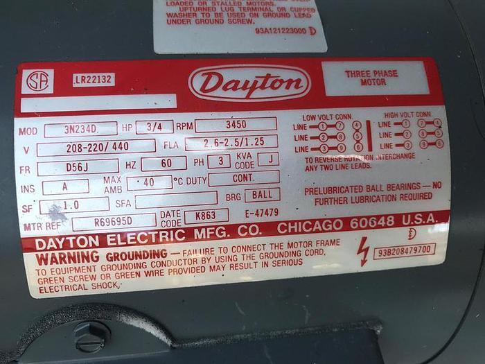 DAYTON ELECTRIC MOTOR 3/4 HP; 3 PH; 3450 RPMS; 3N234D !