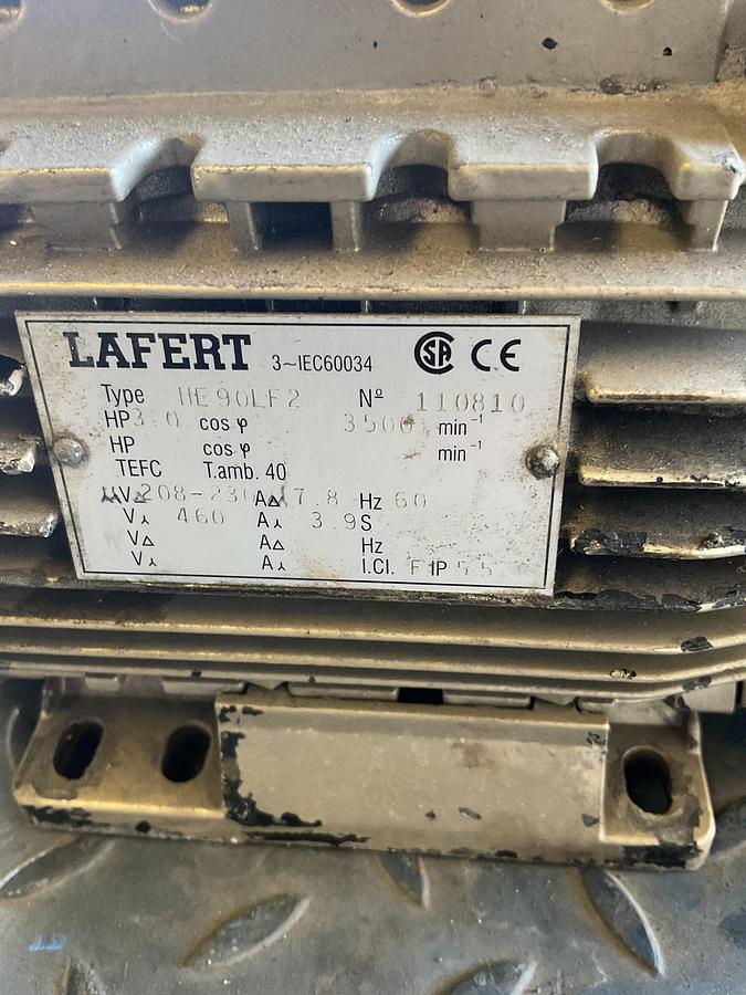 Used LAFERT 3 HP ELECTRIC MOTOR WITH PUMP – 3 PHASE, 208–230/460V, TEFC