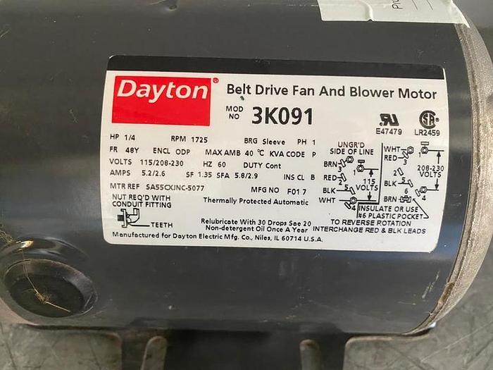 Used DAYTON ELECTRIC MOTOR  1/4 HP; 1 PH; 1725 RPMS;3K091 !
