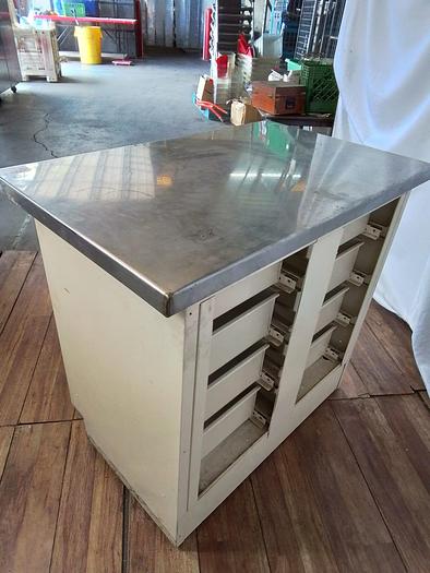 Used MOBILE METAL TABLE WITH STAINLESS STEEL TOP AND DRAWERS*