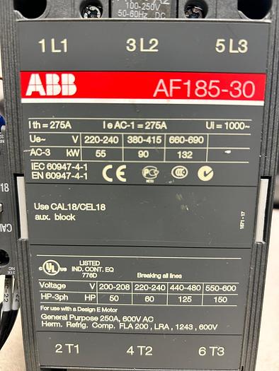 Used ABB A185-30-11 Contactor 156A, 3P, 600VAC, IEC, 120VAC Coil