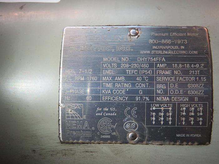 Used STERLING ELECTRICS 7.5 HP 3 PH  MOTOR DHY754FFA !