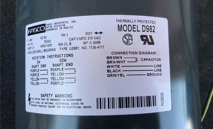 FASCO BLOWER MOTOR 1/3 HP; 1 PH; 1075 RPMS; D982 !