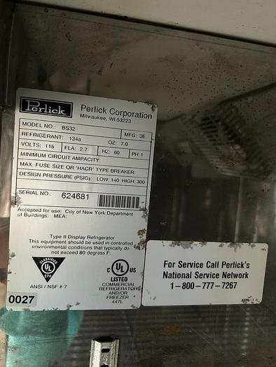 Used PERLICK BACK BAR REFRIGERATED CABINET, BS32./