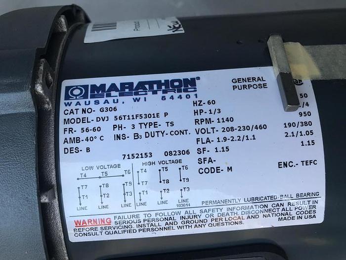MARATHON ELECTRIC MOTOR 1/3; 3 PH; 1140 RPM; DVJ 56T11F5301E P !