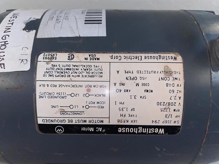 Used WESTING HOUSEING ELECTRIC MOTOR, KF78;HP 1/3;PH1;V208/230;RPM1725 !