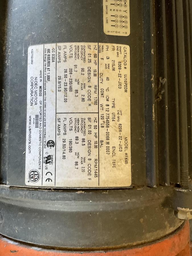 Used US MOTORS / NIDEC ELECTRIC MOTOR WITH BERKELEY PUMP – 10 HP, 3 PHASE, 208–230/460V, TEFC
