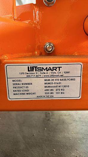 Used 600 LB CAPACITY MATERIAL LIFT; MLM20- STD BASE/FORKS !