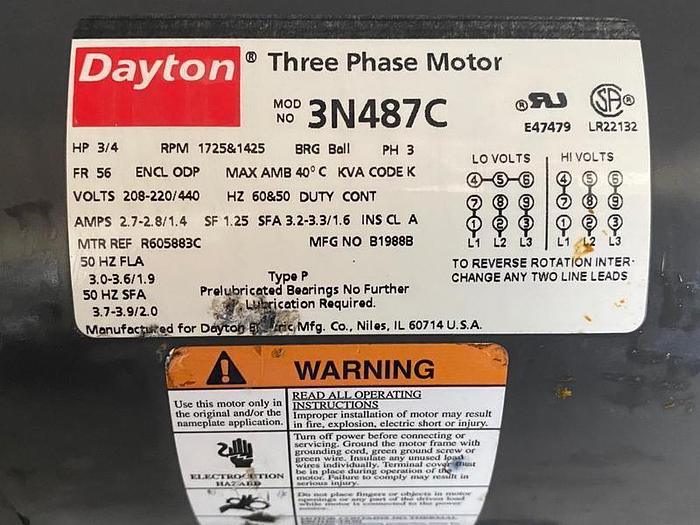 Used DAYTON MOTOR 3/4 HP; 3 PH; 1725 RPMS; 3N487C