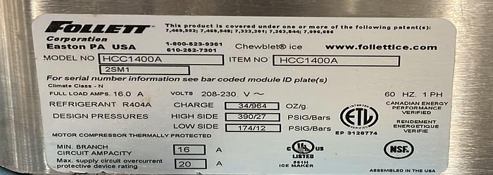 Used FOLLET CHEWBLET NUGGET ICE MACHINE HEAD