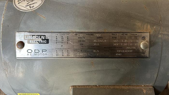Used LINCOLN ELECTRIC MOTOR, 15HP; 3PH; 3475 RPM