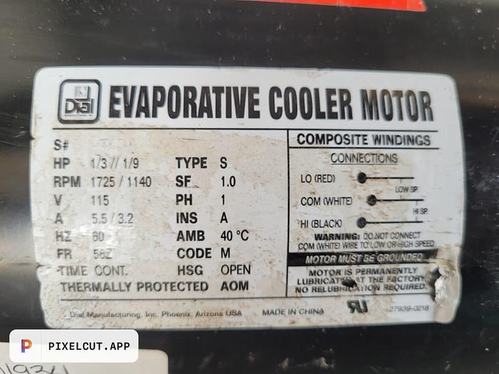 Used EVAPORATIVE COOLER MOTOR;2202T- HP-1/3-1/9;PH-1;RPM-1725/1140 !