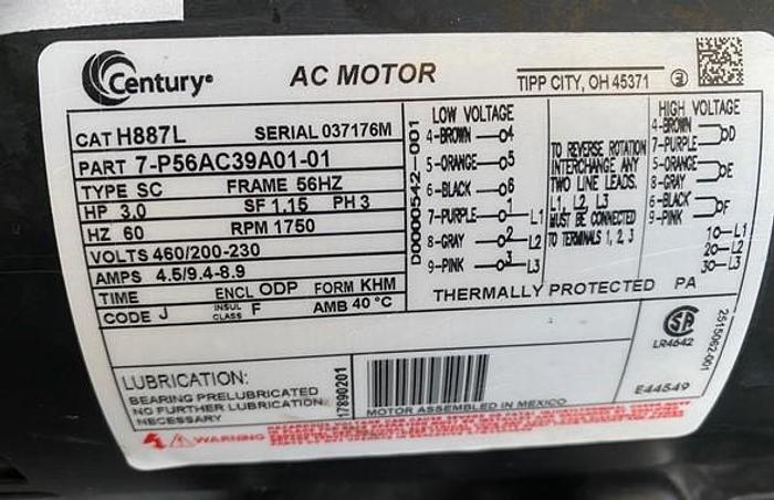 Used CENTURY AC MOTOR HP 3, CAT H887L, HP 3, RPM 1750 !