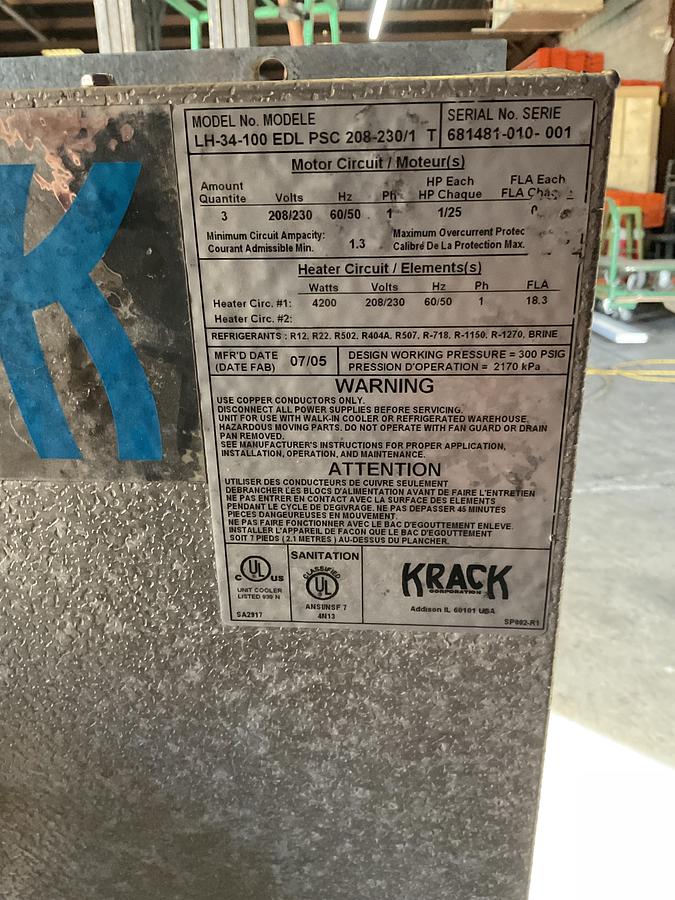 Used KRACK UNIT COOLER / EVAPORATOR – MODEL LH-34-100 EDL PSC 208-230/1 T