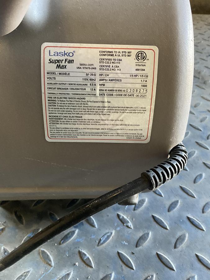 Used LASKO SUPER FAN MAX SF-20-G PORTABLE AIR MOVER / FLOOR FAN – 115V, 1/5 HP