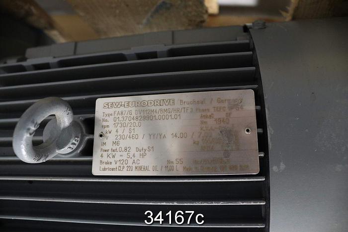 Unused Sew-Eurodrive FA87/GDV112M4/BMG/HR/TF3 Gear Drive, 86.5/1 Ratio #34167