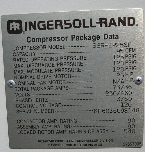 Used Compressor, Air, 25 HP, Rotary Screw, Ingersoll Rand #S741344