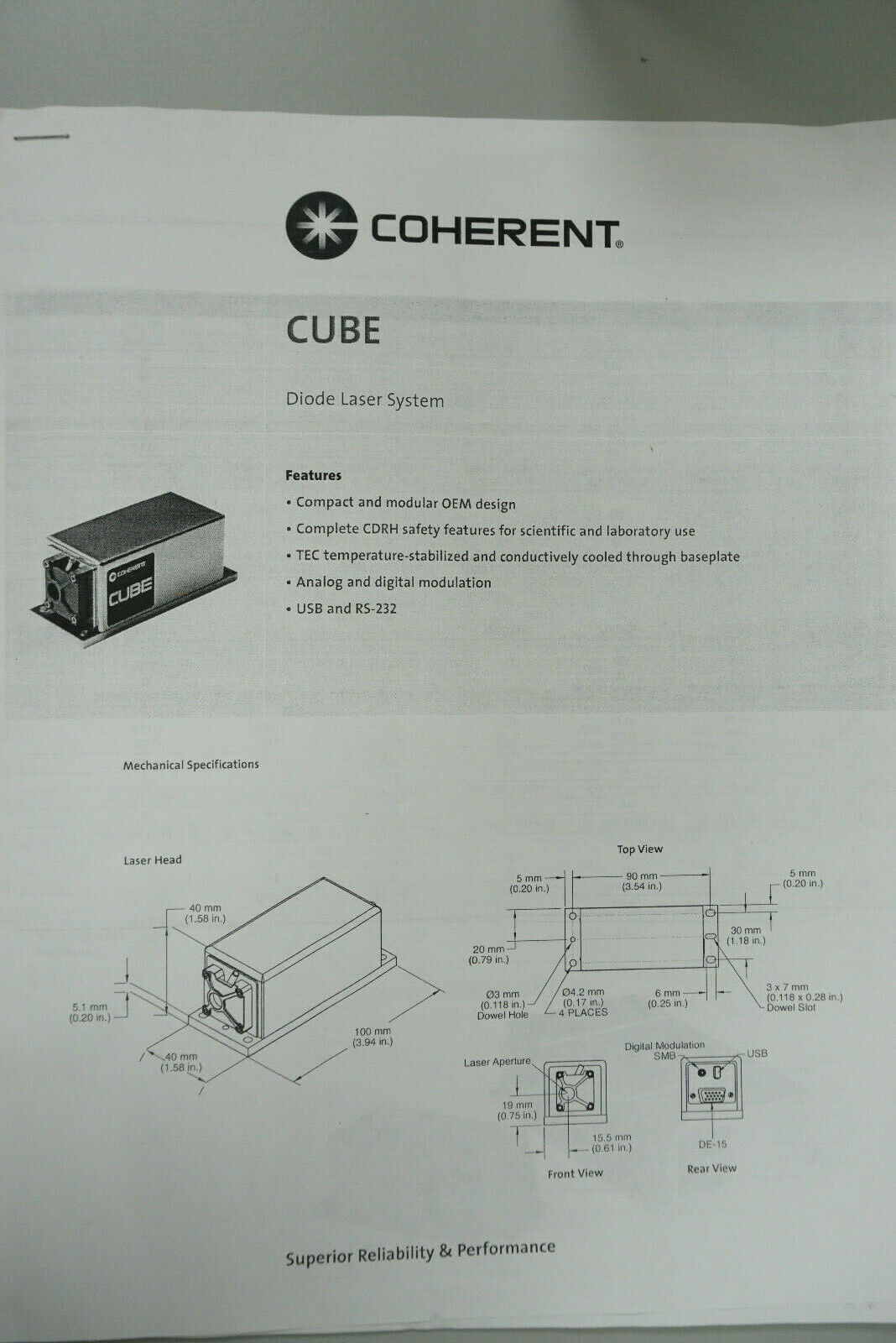 Coherent Cube Diode Laser System 1122430 405nm 20mW